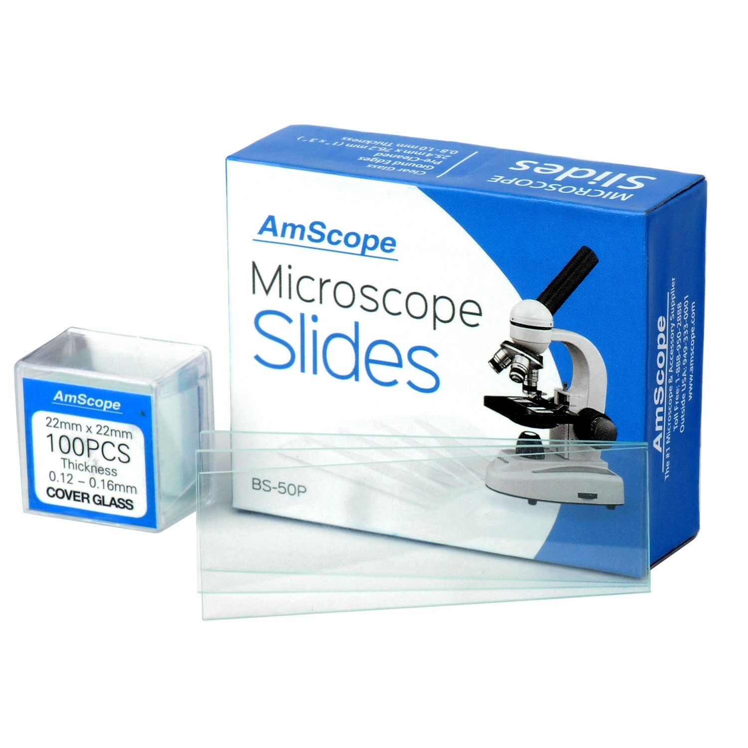 Amscope 50 Pre-cleaned Blank Microscope Slides + 100 22x22mm Square Cover Glass