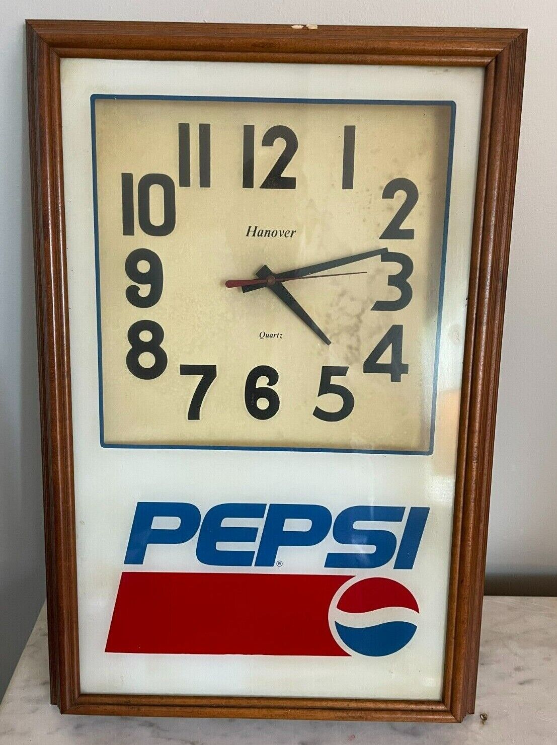 Pepsi Wall Clock Vintage Hanover Quartz Battery Wood Frame Works Perfect