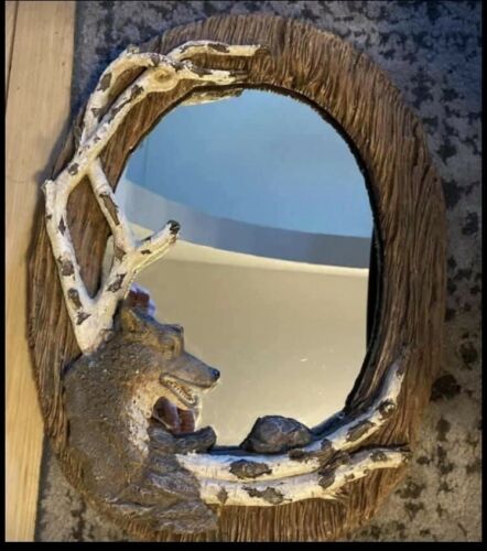 Oval Resin Framed Wall Mirror Rustic Dimensional Wolf Birch Branches 12.5”x16.5”