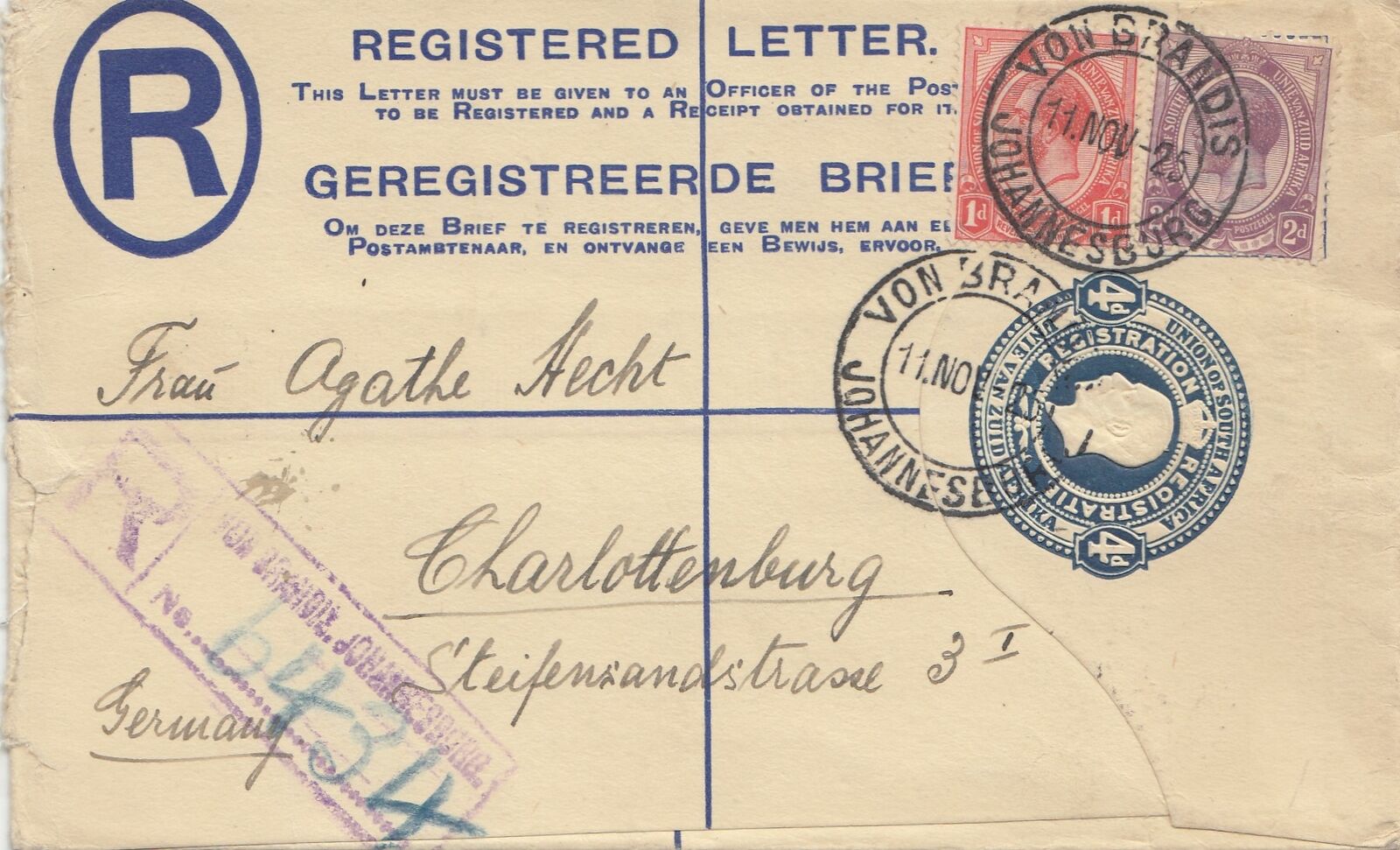 South Africa: 1926: Registered Letter Johannesburg, By Grandis To Berlin